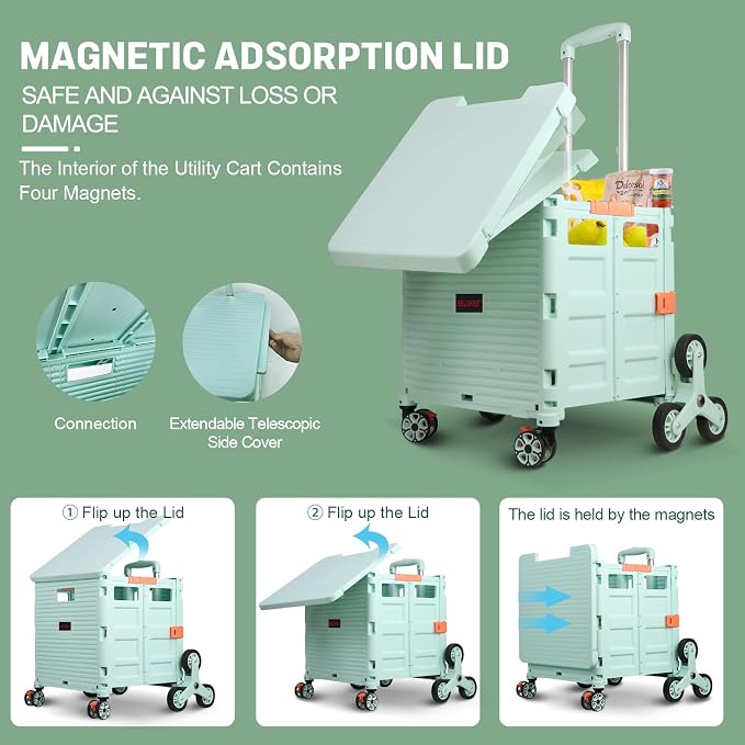 Foldable Utility Cart Collapsible Portable Crate Rolling Carts with Stair Climbing Wheels Tote Basket with Magnetic Lid Telescopic Cover Wear-Resistant 360°Rotate Wheel Noiseless for Shopping Office