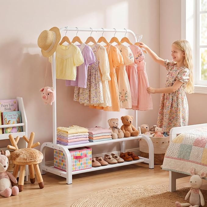 Kids Clothes Rack for Ages 3-6, Montessori Kids Clothing Rack, White | Kids Dress Up Rack with 2 Fabric Storage Shelves & Side Hooks, Toddler Wardrobe Rack for Costumes, Princess Dresses and Shoes