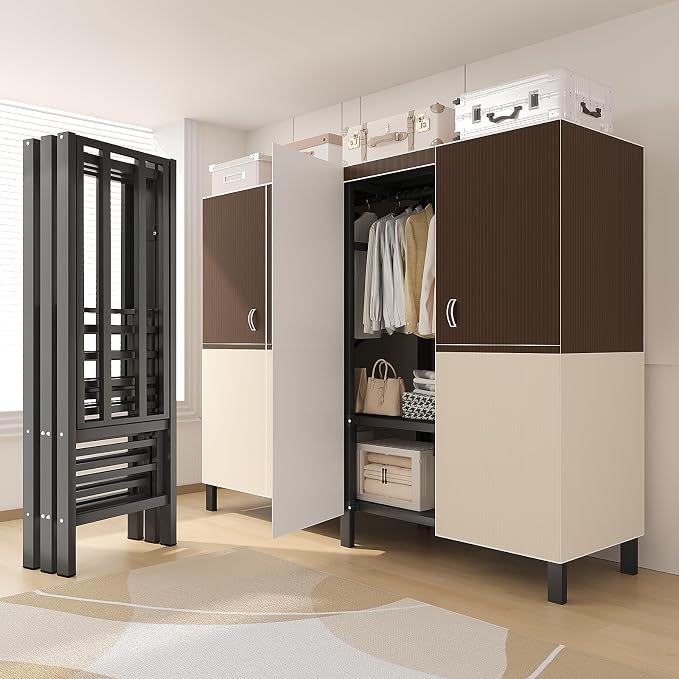 71in Heavy Duty Portable Closet with Cover, 1500lbs Foldable Covered Metal Clothing Wardrobe Closet System, Heavy Duty Garment Rack for Hanging Clothes, for Bedroom,Apartment,Rental Property, Brown