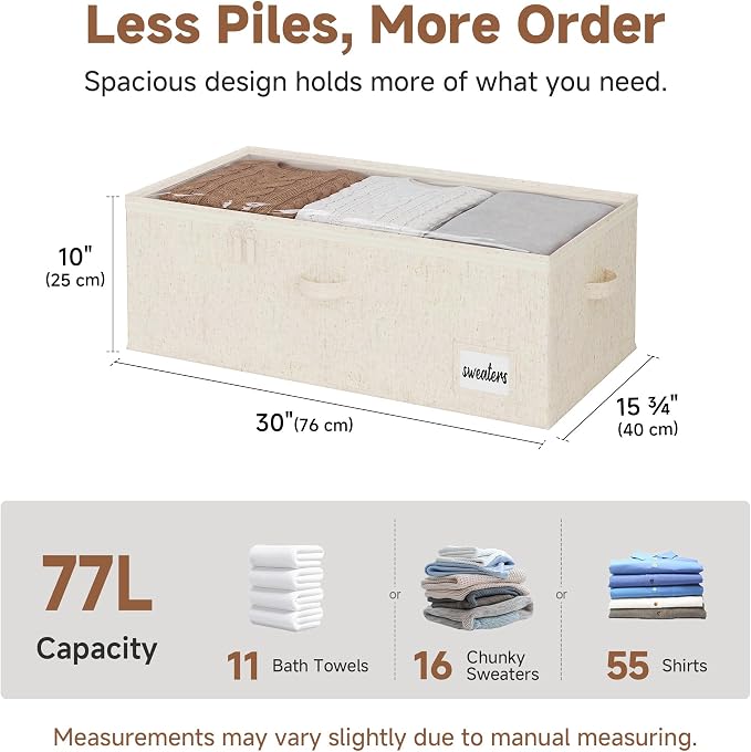 StorageWorks 10 Inch Tall Under Bed Storage Containers with Clear Lid | Reinforced Structure, Resists Sagging, Handles & Label Holder, Foldable Stackable Closet Storage for Clothes, Blankets, Toys