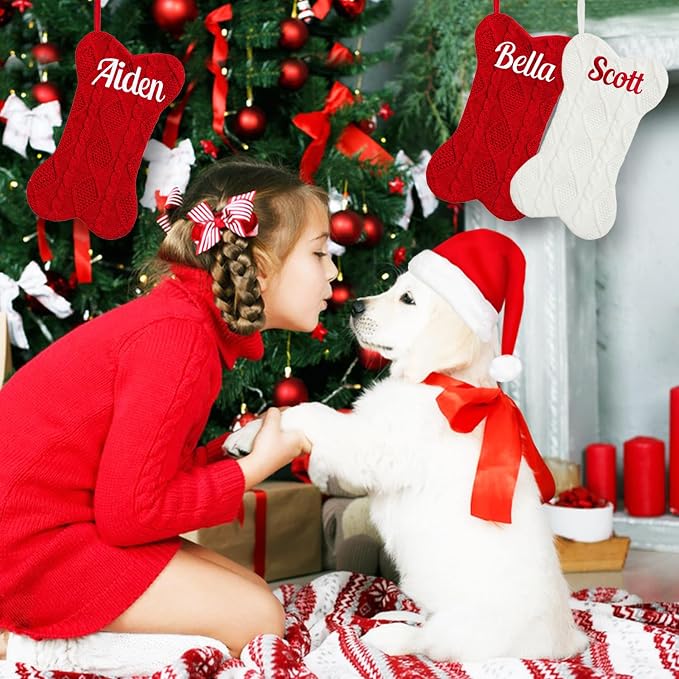 Personalized Pet Christmas Stocking,18 inch Custom Name Knit Christmas Stockings for Dog，Large Rhombic Bone Pet Xmas Stockings (3pc)