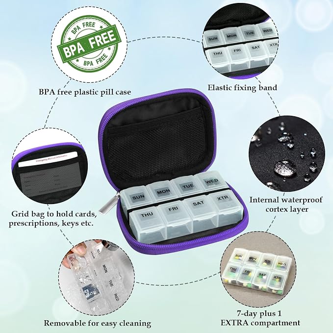 Serfeymi Weekly Travel Pill Organizer Pill Case for Purse with Removable 7 Day Pill Box, Fashionable Travel Medicine Organizer Pill Container for Medicine, Vitamin, Supplement - Black 01 + Purple 01