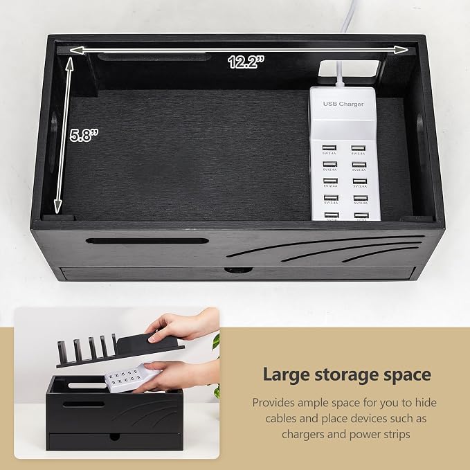 Homde Bamboo Charging Station Organizer: Charger Rack for Multiple Devices | Cable Cord Management Box with 6 Compartments and Drawer - Electronic Docking Stand for Chargers Phones Tablets (Black)