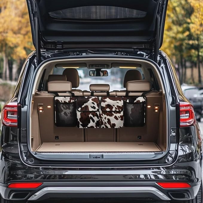 Dreaweet Brown Cow Print Car Trunk Organizer for Sedan Collapsible Hanging Car Storage Organizer Accessories Interior for Women Large Capacity 4 Pockets Car Organizer for SUV Trucks Minivan