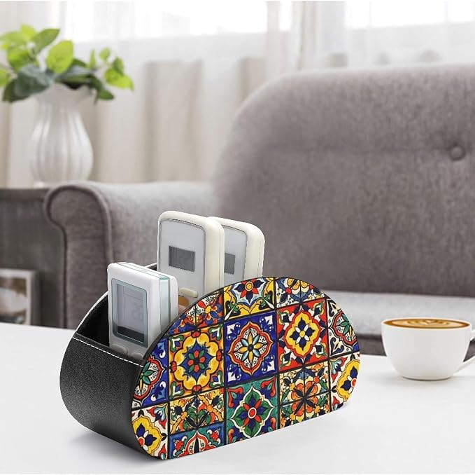 Desktop Remote Control Holder Mexican Talavera Tile Storage Cup Caddy Box | Table Desk Organizers with 5 Compartments, Mexican Talavera Tile Colorful Floral Mexican, Multi-functional Office Supplies