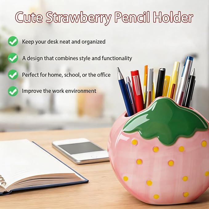 Ceramic Strawberry Shaped Pen Pencil Holder for Desk Decoration Accessories Strawberry Decor Makeup Brush Pen Cups Succulent Plant Pot Office School Ideal Gifts for Women, Mom or Birthdays (pink)