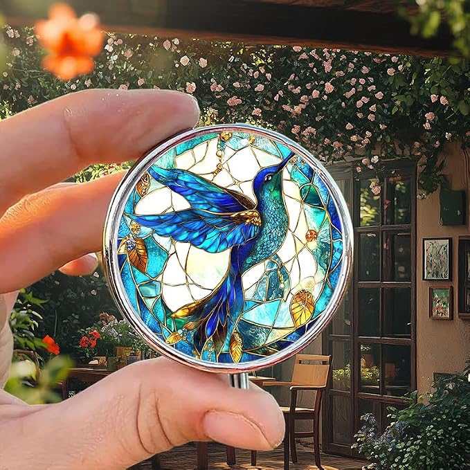 Portable Round 3 Compartment Metal Pill Box Bohemian Translucent Hummingbird Dream Catcher Colorful Design for Travel Daily Medications Home Organization