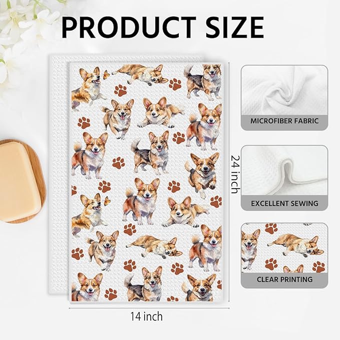 Corgi Waffle Weave Kitchen Towels, Quick Dry Multipurpose Hand Towels for Bathroom, Absorbent Reusable Cloth Tea Dish Towels for Home Decor, Dog Lover Gift Towel Set of 2