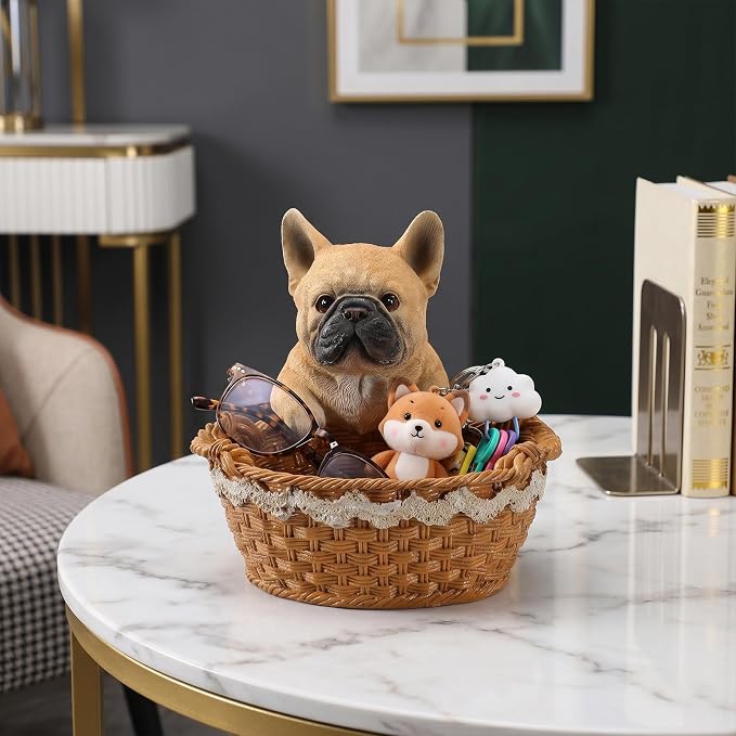 Cute French Bulldog Candy Bowl, Resin Dog Figurine Key Bowl for Entryway Table, Desktop Storage Basket Organizer for Desk, Unique Dog Lover Gift