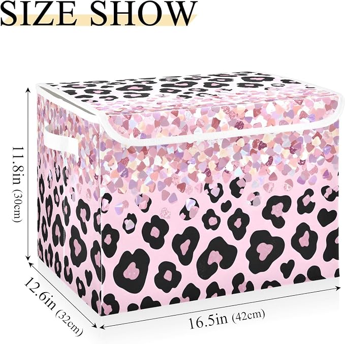 Glitter Leopard Storage Bins with Lids Closet Bedroom 40L Storage Basket | Decorative Storage Boxes, Foldable & Stackable, Dust-Proof Flip Top, Reinforced Handles, For Home & Dorm, Clothes & Toy Box