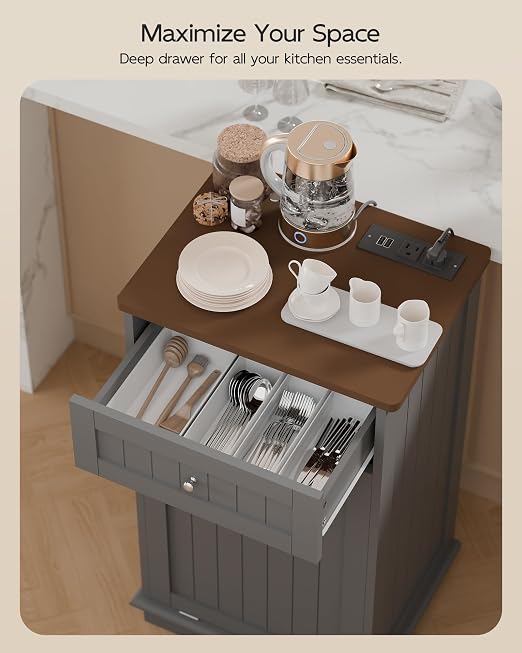Betterhood Double Tilt Out Trash Cabinet with Power Outlet,Wooden Hidden Garbage Can Holder with a Big Storage Drawers for Kitchen, Living Room, Laundry, Grey