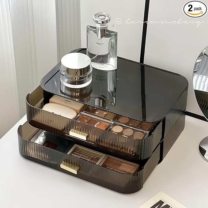 2 Pack Stackable Makeup Organizer with Drawers, Bathroom Storage for Eyeshadow Palettes, Cosmetics, and Beauty Supplies. Ideal for Vanity Counter, Cabinet, Entryway Table, Desk