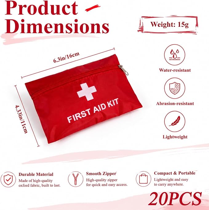 First Aid Bags Empty,Mini First Aid Pouch Empty,Mini First Aid Kit Bulk,Zipper Pouches for Emergency,Travel and Outdoor (Red 20 Pack, 4.3 * 6.3 inch)