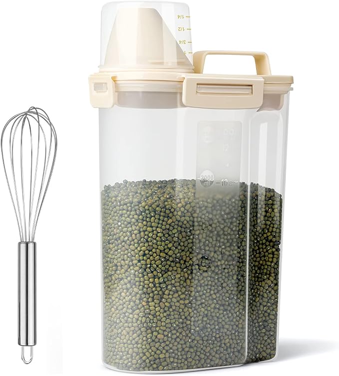 Uppetly Rice Airtight Dry Food Storage Containers, BPA Free Plastic Storage Bin Dispenser with Pourable Spout, Measuring cup for Cereal, Flour and Baking Supplies, Include a Stainless Steel Whisk