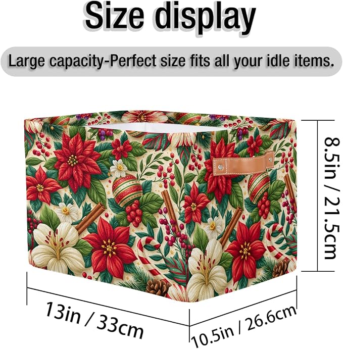 Christmas Basket Storage Bins Rectangle Canvas Basket Cube Storage Box | Nursery Foldable Basket with Handle for Kids Girls Boys Toys Living Room Closet Organizer Shelf Gifts Poinsettia Bell