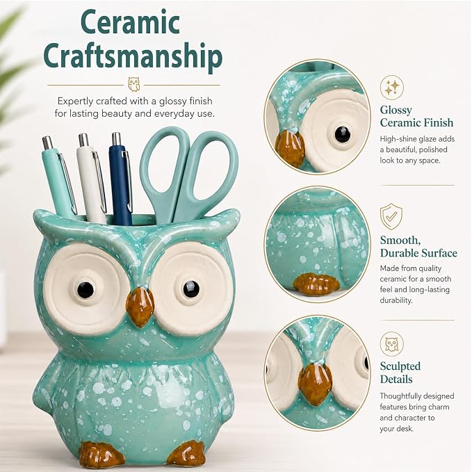 Ceramic Owl Shaped Pen Pencil Holder for Desk Decoration Accessories Owl Decor Makeup Brush Pen Cups Succulent Plant Pot Office School Ideal Gifts for Women, Mom or Birthdays