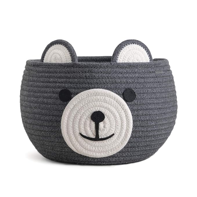 CherryNow Baby Basket for Gifts Empty, Cute Bear Design, Grey | 10.5" x 8.5" Woven Rope Baby Shower Basket, Fits Living Room Nursery Decor, Gift Baskets Empey for Kids Boys