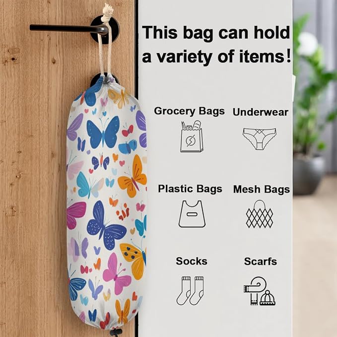 Colorful Butterfly Plastic Bag Holder Spring Butterflies Grocery Bag Storage Dispenser Washable Hanging Shopping Bags Carrier Reusable Wall Mount Trash Bag Organizer for Kitchen Pantry