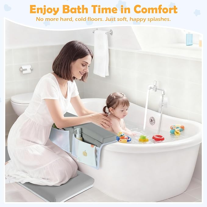 Baby Bath Kneeler and Elbow Rest Pad Set, Gray | 1.5" Thick Soft Memory Foam, Bath Toys Organizer, Non-Slip, Quick-Dry, Foldable, Gift for Parents