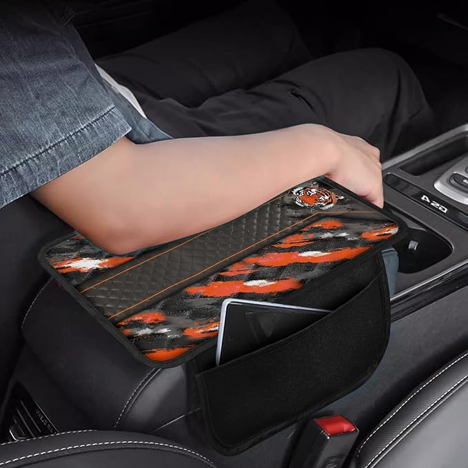 Howilath Center Console Armrest Cover, Soft Cushion with Pockets | Tiger Print Stretch-on Elastic Band, No Tools, Protects From Spills and Scratches, Fits Sedan/Truck