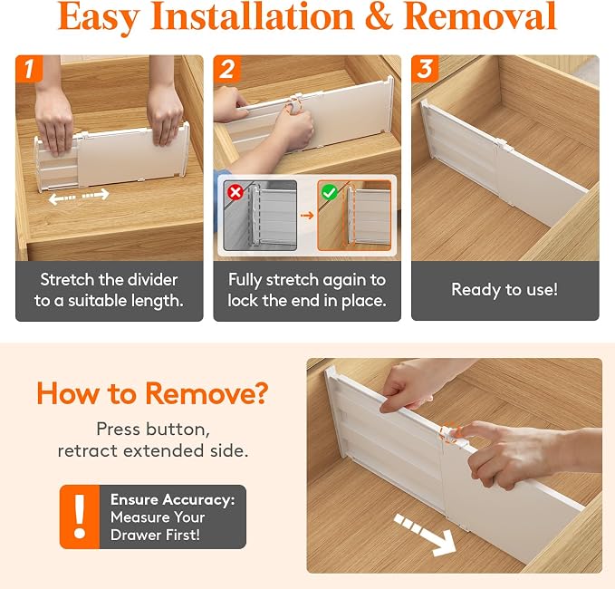 Lifewit 8" Tall Drawer Dividers, Adjustable Deep Drawer Organizer Clothes | 6 Pack 13.8"-22.2" Expandable White Plastic Separators for Dresser, Kitchen, Cabinet, Closet, Office Organization & Storage