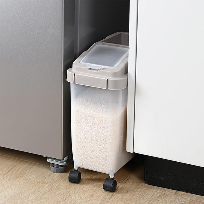 Large Capacity Food Storage Containers with 1 Measuring Cup and 4 Wheels, 20Lb Rice Container, Airtight Dry Storage Bins With Lids for Rice, Cereal, Flour, BPA Free Plastic Sealed Holder Bin Dispenser