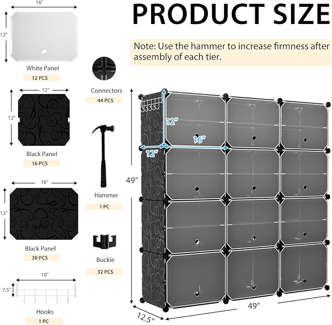 GOFLAME Portable Shoe Rack Organizer, 48 Pairs Expandable Modular Shoe Storage Cabinet with Doors, Adjustable Panels, 8-Tier DIY Shoe Shelves for Closet, Hallway, Entryway, Easy Assembly, Black