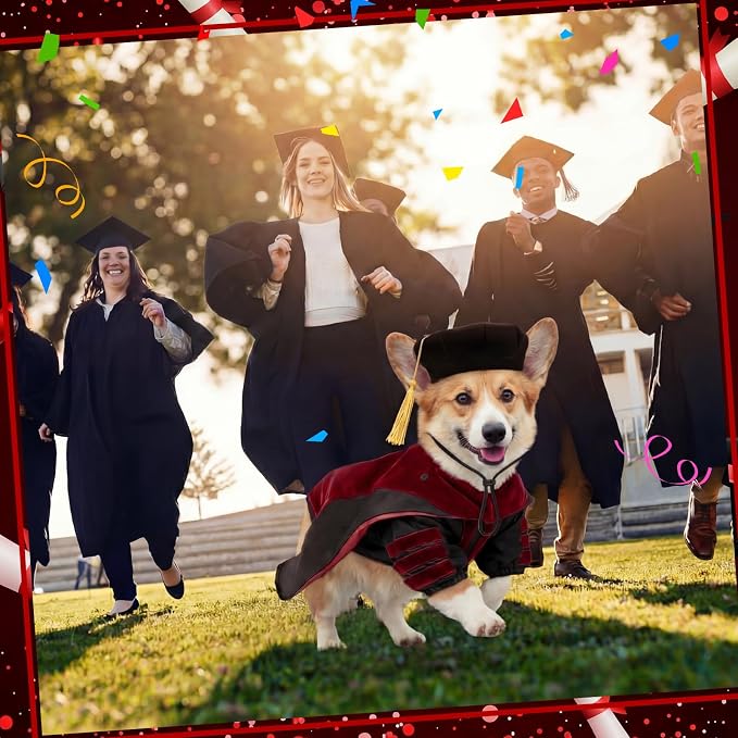 Huhumy 3 Pcs Dog Cat Graduation Doctoral Costume Set, 2026 Pet Phd Graduation Cap and Deluxe Doctoral Gown with Hood Side Tam Puppy Kitty Dogs Grad Holiday Party Costume Accessory(Red,L)