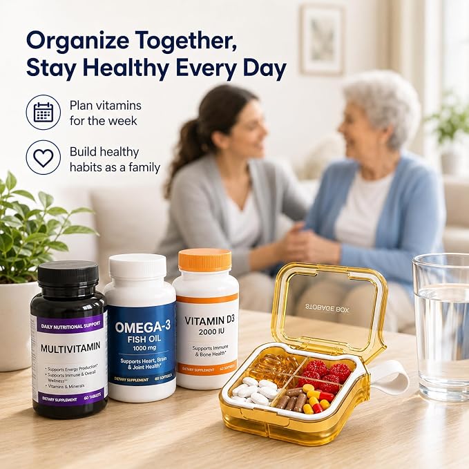 Travel Pill Organizer with Silicone Carry Loop, Small Pill Case | 4 Compartments Compact Pill Box for Vitamins Supplements Daily Medications, Purse Backpack Office