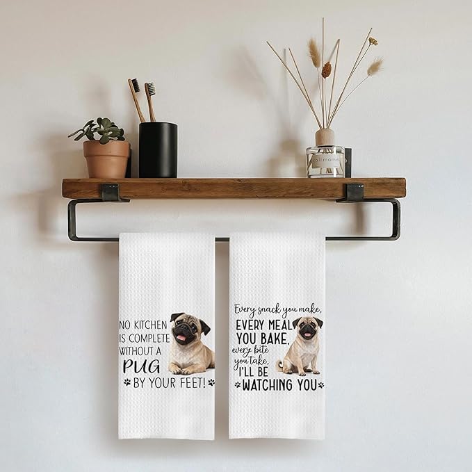 Pug Dog Kitchen Towels Set - Pug Gifts for Dog Lovers Women, Dogs Waffle Weave Hand Towels Dish Towels Decor, 16x24 Inch,Set of 2