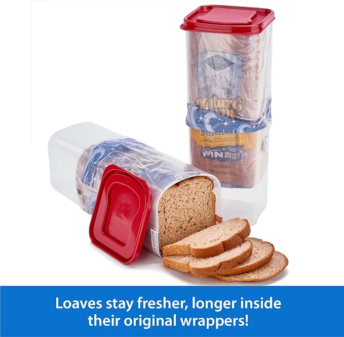 Buddeez Bread Buddy Bread Box – Red Lid, Pack of 2 | Seals in freshness, keeps loaves soft, easy to slice, bread storage container, bread keeper, bread holder