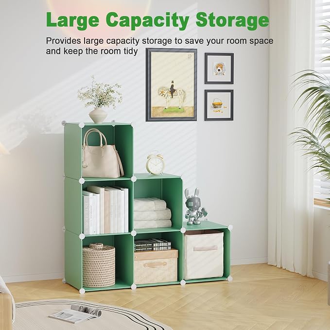 C&AHOME 6-Cube Storage Organizer Cube Shelf Closet Storage Bookcase, Green | Stackable Cubby Storage, Bookshelf, Portable Plastic Storage Closet Organizer, DIY Modular Shelving Units for Home, Wardrobe