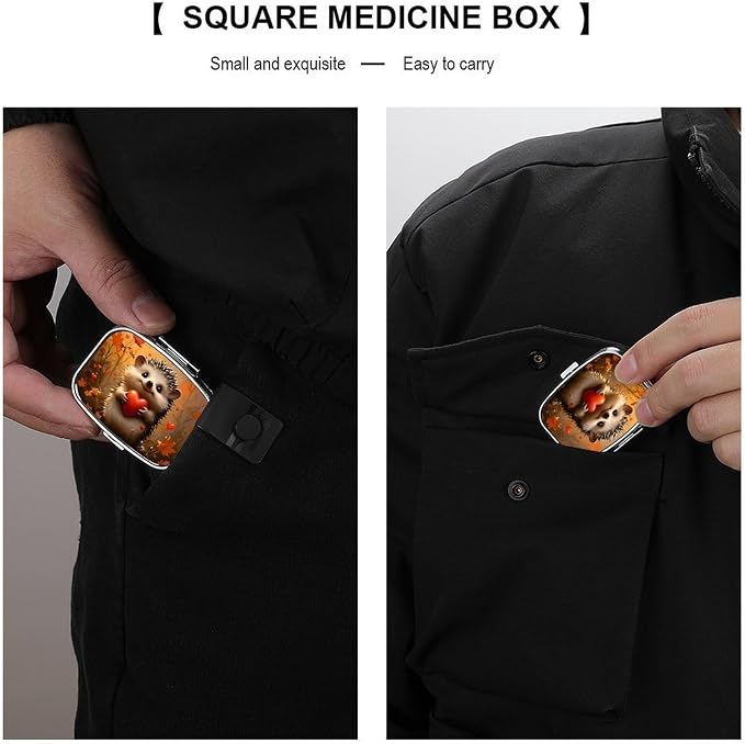 Hedgehog Heart Autumn Durable Metal Pill Case for Daily Use, 2 Slot Medicine Box Organizer,Leak Proof Travel Pill Container for Vitamins, Compact Pocket Medicine Holder for Seniors,Holiday Gift