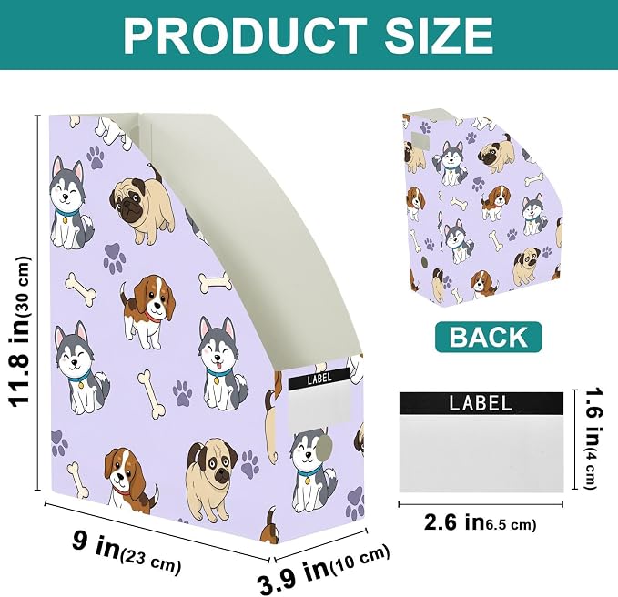 SPRIPORT Cute Pets Dogs Purple Print Water Resistant PP Magazine File Holder Organizer for Desk, Foldable Storage Rack for Office School Library Document Sorter with Labels 23x30x10cm (3 Pack)