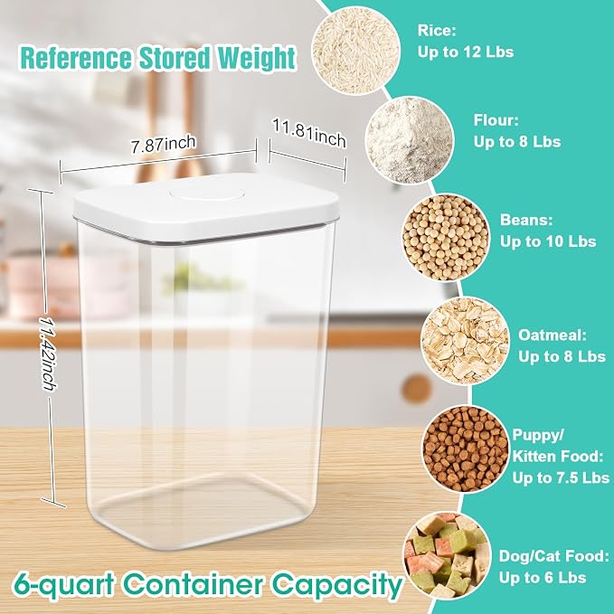 TBMax Large Airtight Food Container 6 Qt with Pop Up Lid & Measuring Cup for Rice, Flour, Cereal, Sugar, or Pet Food Storage, Rectangular Tall Food Storage Bin for Kitchen Pantry Organization