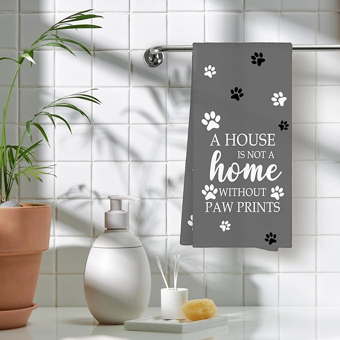Grey Paw Farmhouse Kitchen Towels Decor Gifts for Women Pet Lovers, A House is Not A Home Without Paw Prints Decorative Bathroom Towels, Funny Dish Hand Towels for Kitchen Drying 16x24 Inch