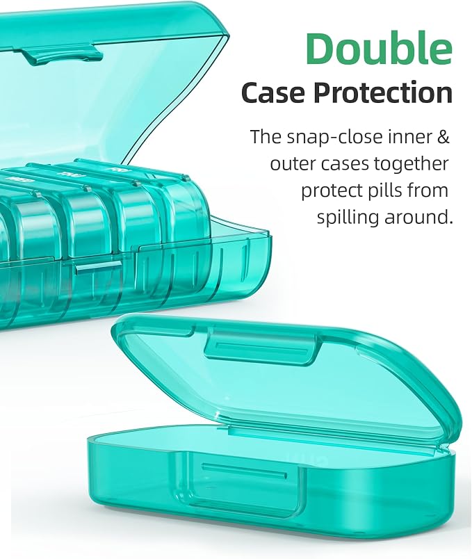 PULIV Weekly Pill Organizer with Large Capacity, Dual Protection (Cyan) | Pill Box 7 Day, Arthritis Friendly Pill Case Easy to Open, Medicine Organizer for Vitamins, Medication, Fish Oils, Supplement