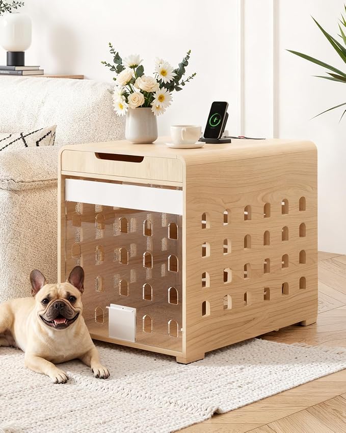 Upgraded Modern Dog Crate Furniture with Charging Station Medium Kennel Indoor with Flip-up Hidden Acrylic Door for Small and Medium Breeds up to 50lb Wood Pet End Side Table Cage, Oak