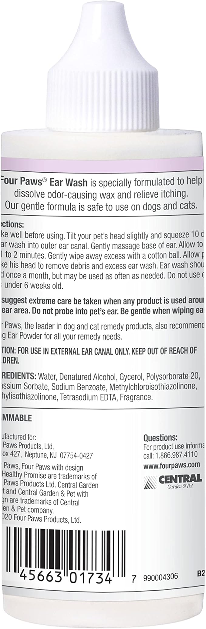 Four Paws Healthy Promise Grooming Soothing Pet Ear Wash Cleaner for Dogs and Cats, Odor Reducing & Itch Relief, 4 oz.