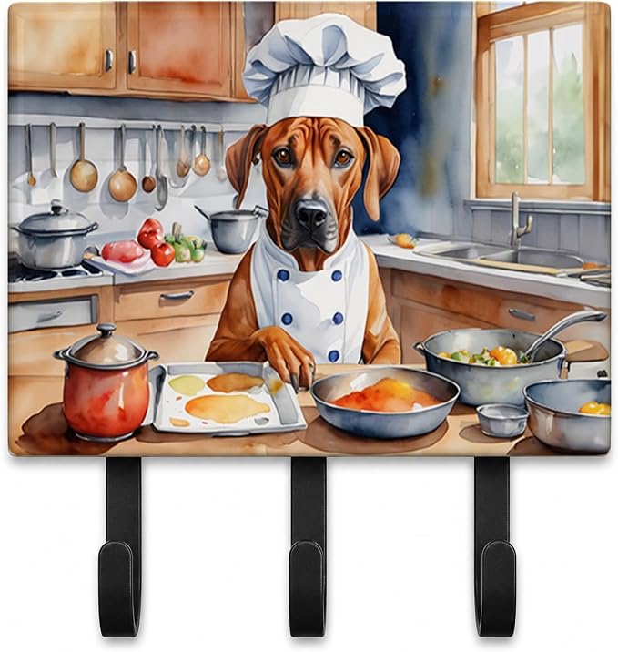 Caroline's Treasures Rhodesian Ridgeback The Chef Leash or Key Holder Wall Hooks, Key Hooks Holder, Coat Rack Wall Mount, Coat Hooks, Hooks for Hanging Keys, Towels, Aprons, Leashes | Rhodesian Ridgeback The Chef artwork on ceramic tile with three stee...