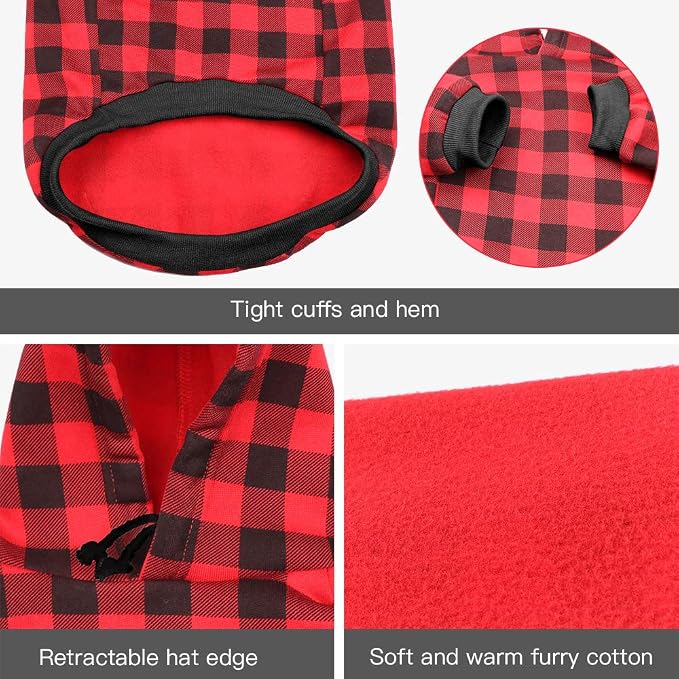 Red Plaid Dog Hoodie Sweater for Dogs Pet Clothes with Hat and Pocket（M）
