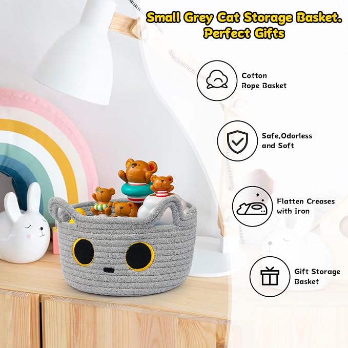 Small Storage Basket, Cat Basket Woven Cotton Rope Basket for Nursery | Baby Blanket Organizer with Handles for Toys,Towels,Clothes, Baby Storage for Gifts Cat Dog Bin Toys 8.5×4.5 inches,Grey