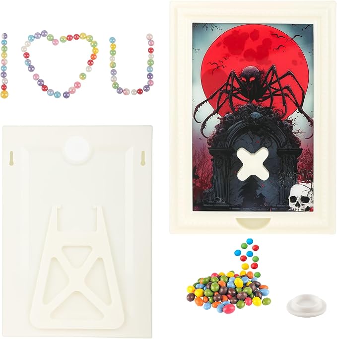 Candy Dispenser Picture Frame, Wall-Mount & Tabletop Gumball Machine with Multiple Designs for Candy, Nuts, Treats, Interactive Home and Office Decor (Spider, Off-White)