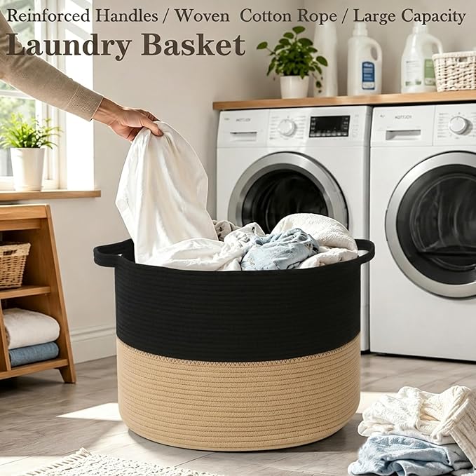 90L Extra Large Blanket Basket,Woven Laundry Basket-Black&Camel | Collapsible, reinforced handles, nursery storage bin organizes clothes, toys and pillows for living room, bedroom bathroom