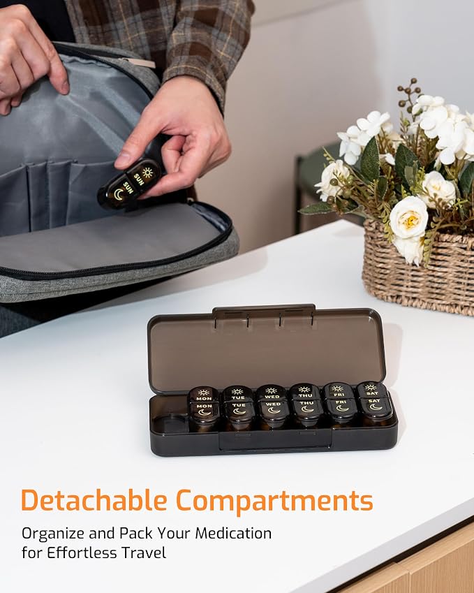 Daviky Pill Organizer 2 Times a Day, AM PM Pill Organizer Box Weekly 7 Day | Portable Travel Pill Organizer, Cute & Compact, Easy-Open Large Compartments, Reusable for Pills, Vitamins & Supplements