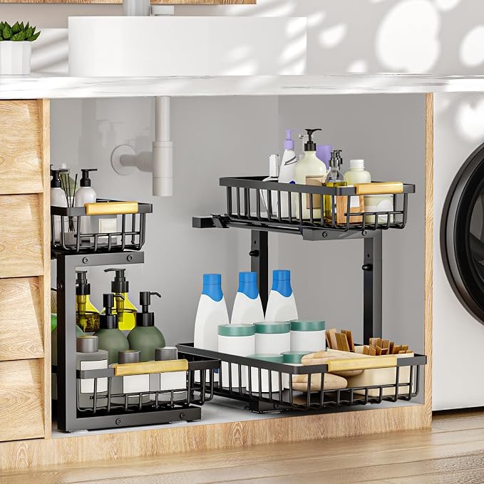 2Pcs Under Sink Organizer, 2-Tier Pull Out Under Sink Organizers and Storage, Adjustable Metal Under Cabinet Organizer Shelf, Bathroom Organizer, Sliding Out Drawer for Kitchen Pantry Black
