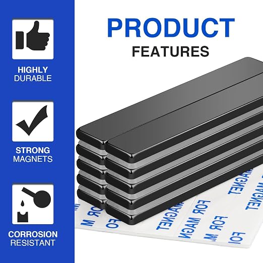 Heavy Duty 12 Pack Neodymium Magnets 60x10x3mm Black | Fridge Magnetic Strips Refrigerator Blocks Crafts Extra Super Sticky Bar for Science Experiments Classroom Craft Office