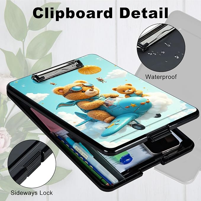 Heavy Duty Storage Clipboard, Slim Nursing Clipboard with Internal Pen Case, Portable File Organizer Case for A4 Letter Size Paper Office Medical Professionals, Airplane Bear