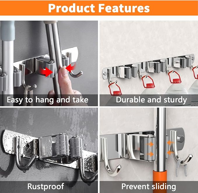 CUXIXA 2 Pack Mop and Broom Holder Wall Mount, Non-slip Broom Hanger Wall Mount, Heavy Duty Mop Broom Organizer for Kitchen Garden Garage Laundry Room Wall Decor Organization and Storage Silver 4R5H