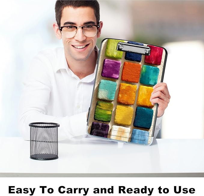 A4 Clipboard with Storage Pen Holder, Clipboards Organizer Nursing Clipboard Foldable File Folder Plastic Clipboard Folio Clip Board for Office Work Classroom Doctor, Watercolor Paint